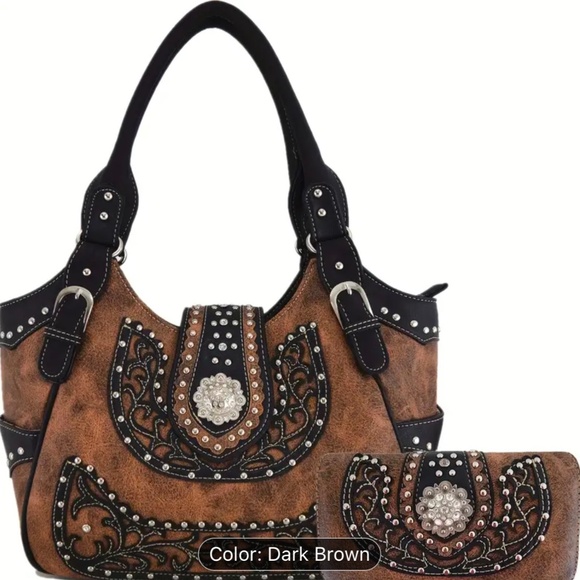Brown Western Style Faux Leather Studded Shoulder Bag With Wallet - Picture 1 of 7